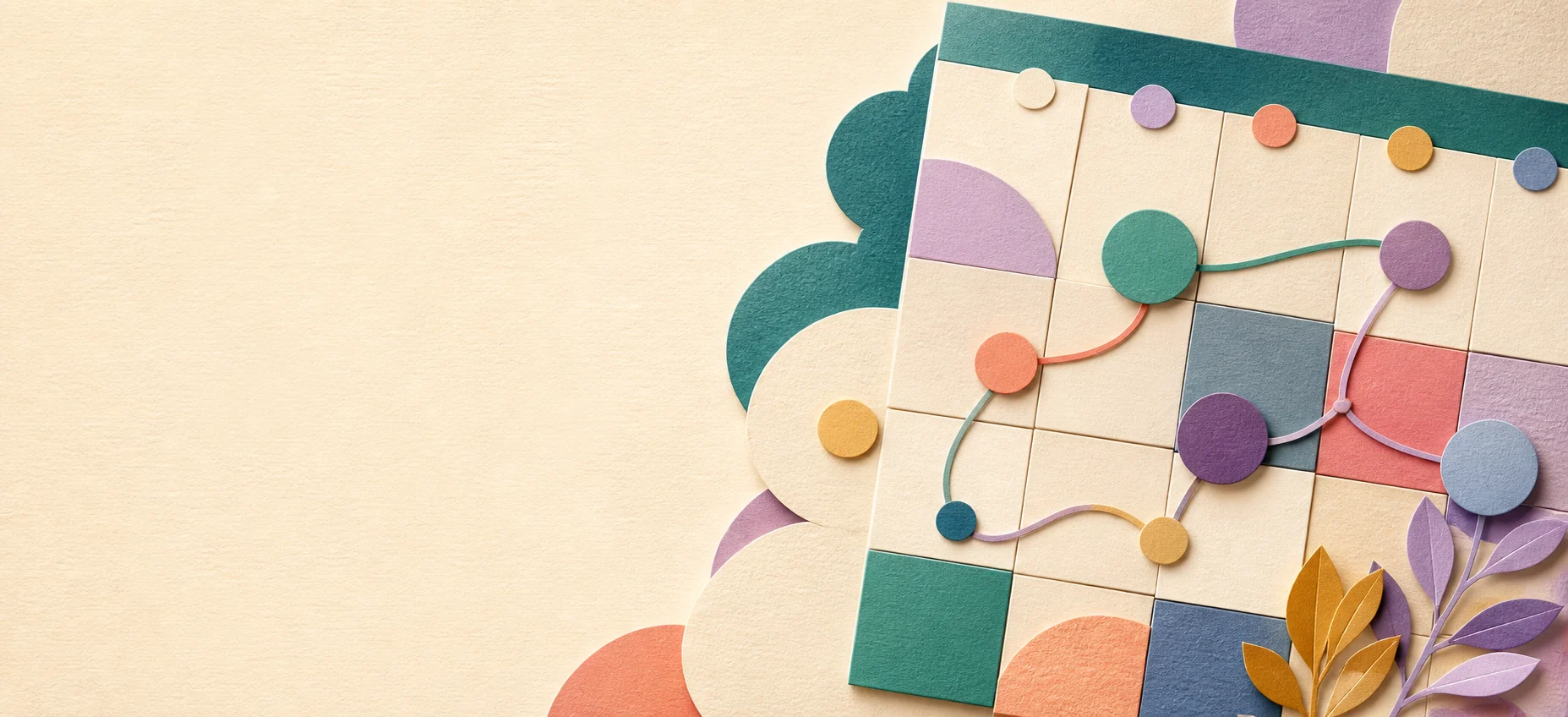 A colorful calendar grid with connected circular date markers.